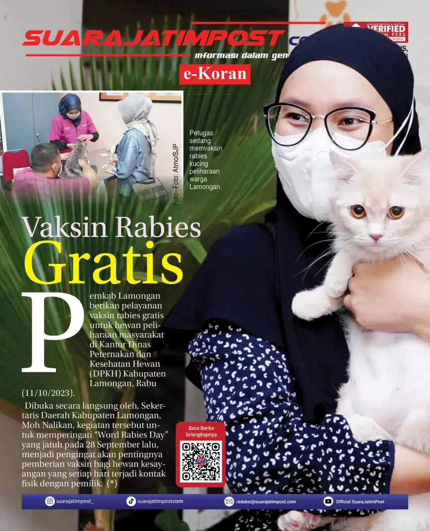 eKoran, Edisi KAMIS, 12 Oktober 2023, rabies, vaksin, gratis, lamongan