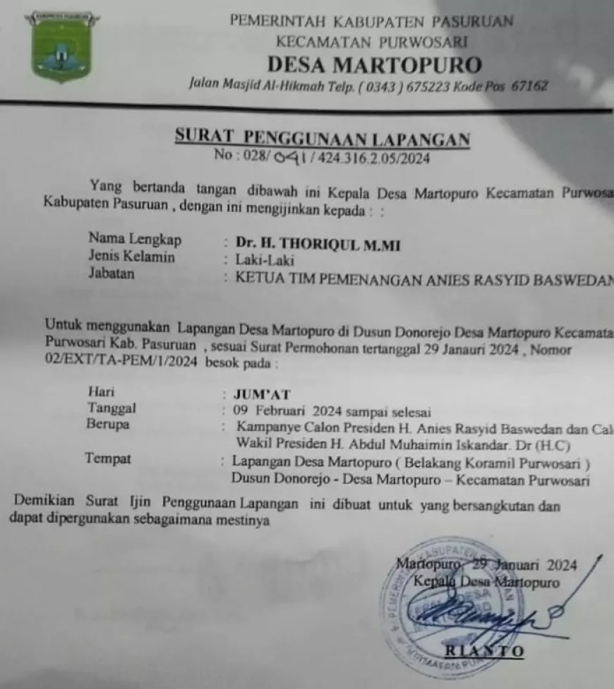 Kades Martopuro Keluarkan Surat Pembatalan Kampanye AMIN Tanpa Koordinasi di Kabupaten Pasuruan