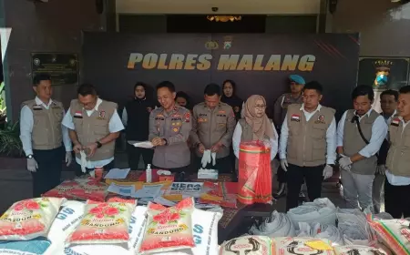 Satgas Pangan Polres Malang Bongkar Praktik Re-packing Beras SPHP Menjadi Kemasan Beras Premium