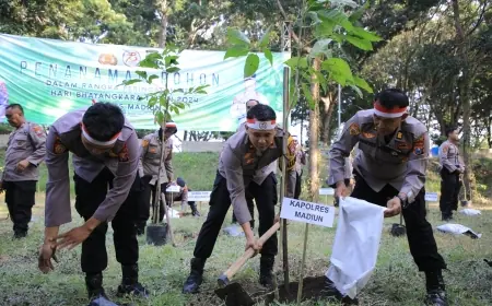 Peringati Hari Bhayangkara ke-78, Polres Madiun Gelar Penanaman Pohon di Waduk Widas