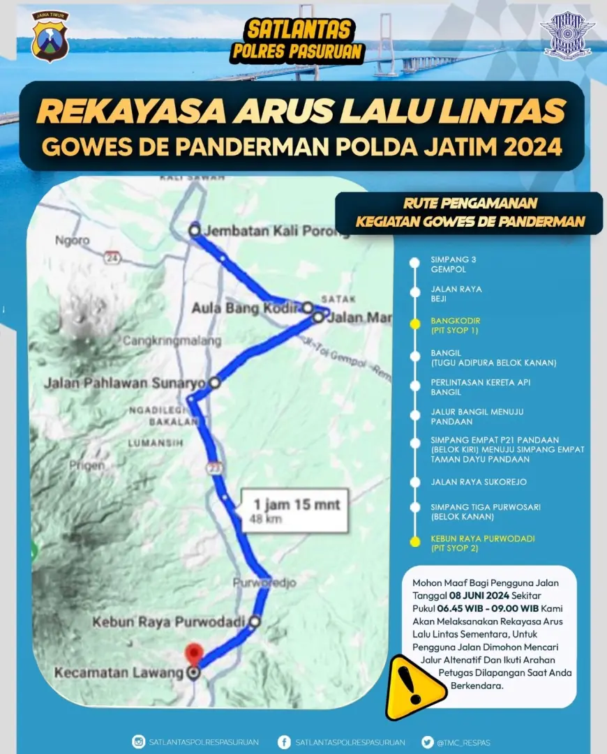 Simak Pengalihan Jalur  di Kabupaten Pasuruan Saat Tour Panderman 2024 Besok