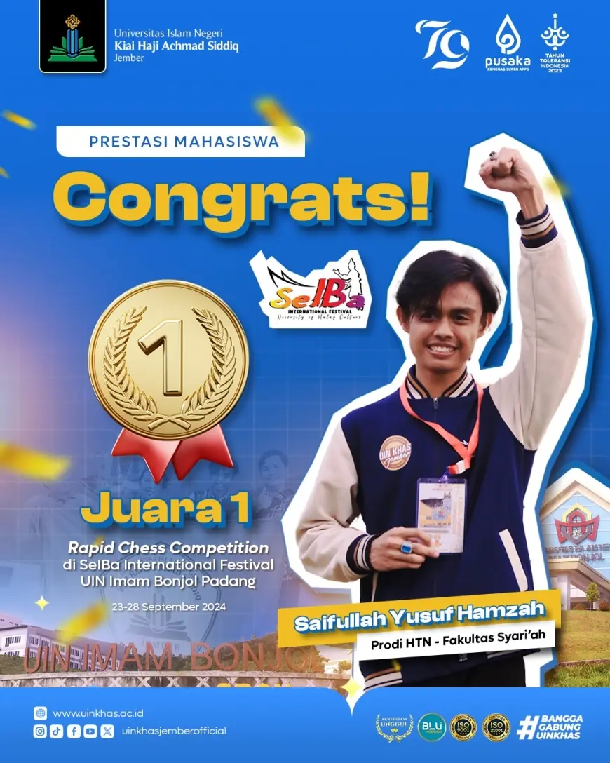 Wakili UIN KHAS Jember, Saifullah Yusuf Hamzah Sabet Juara 1 Catur Festival Internasional 