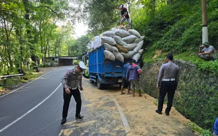 Diduga Sopir Mengantuk, Truk Bermuatan Sekam Terguling di Jalur Wisata Payung