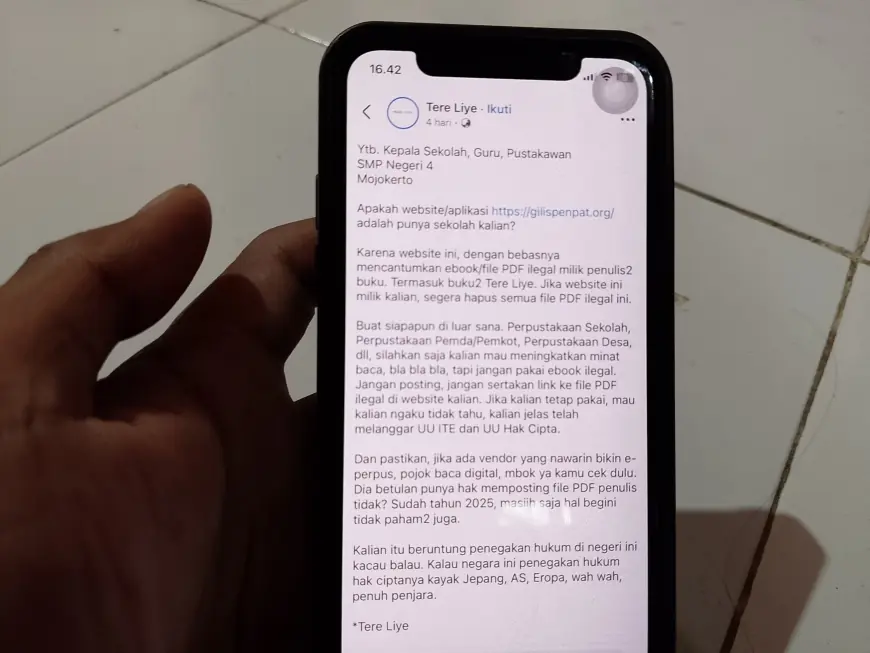 SMP Negeri 4 Mojokerto Diduga Pakai Ebook Ilegal, Penulis Tere Liye Ingatkan Potensi Pidana