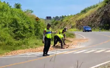 Cegah Laka Lantas di Sepanjang JLS Blitar, Polisi Bersihkan Material Longsoran dari Tebing