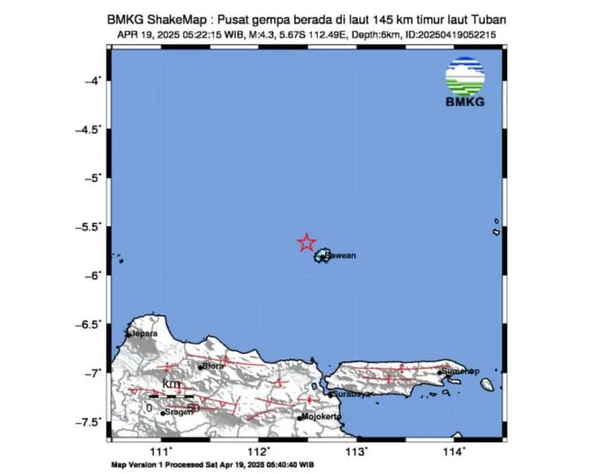 Gempa Berkekuatan Magnitudo 4,3 Guncang Wilayah Tuban, Jawa Timur