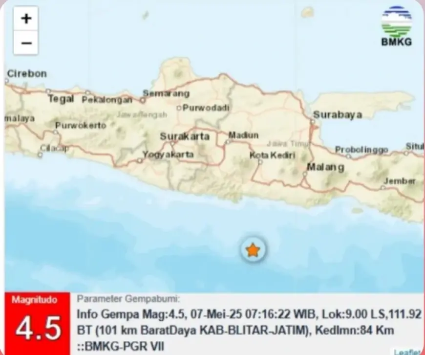 Gempa Bumi Magnitudo 4,5 Guncang Blitar, Terasa hingga ke Malang dan Pacitan