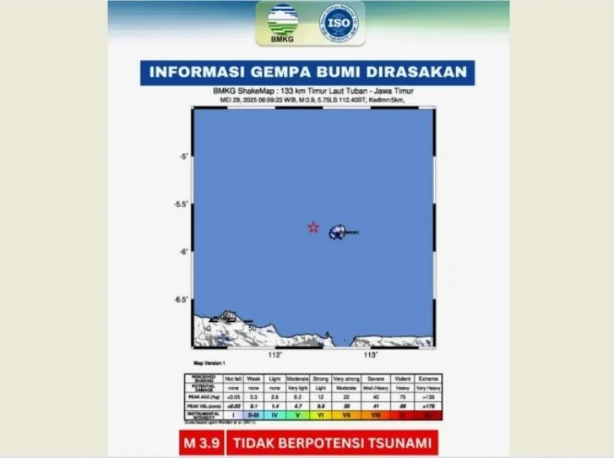Gempabumi Tektonik M3,9 Guncang Bawean, Ini Imbauan BMKG