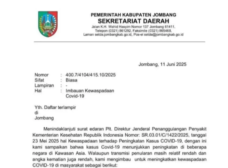 Pemkab Jombang Keluarkan Surat Imbauan Waspada Covid-19