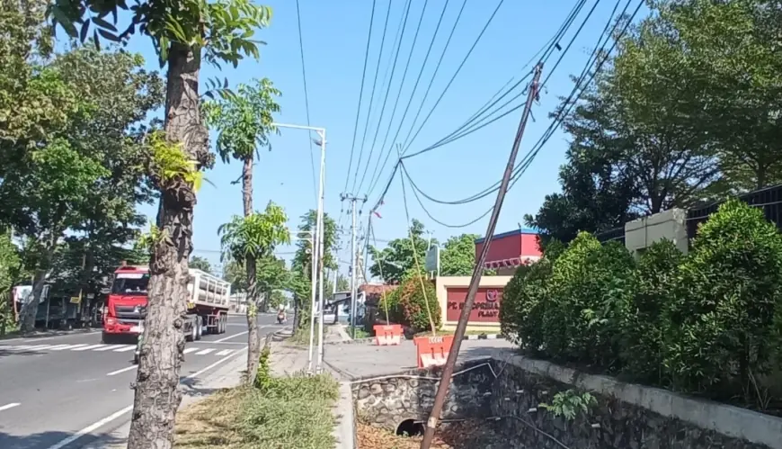 Kabel Fiber Optik Semrawut di Depan Pabrik Indoprima Baron Nganjuk, Berbahaya bagi Pengguna Jalan