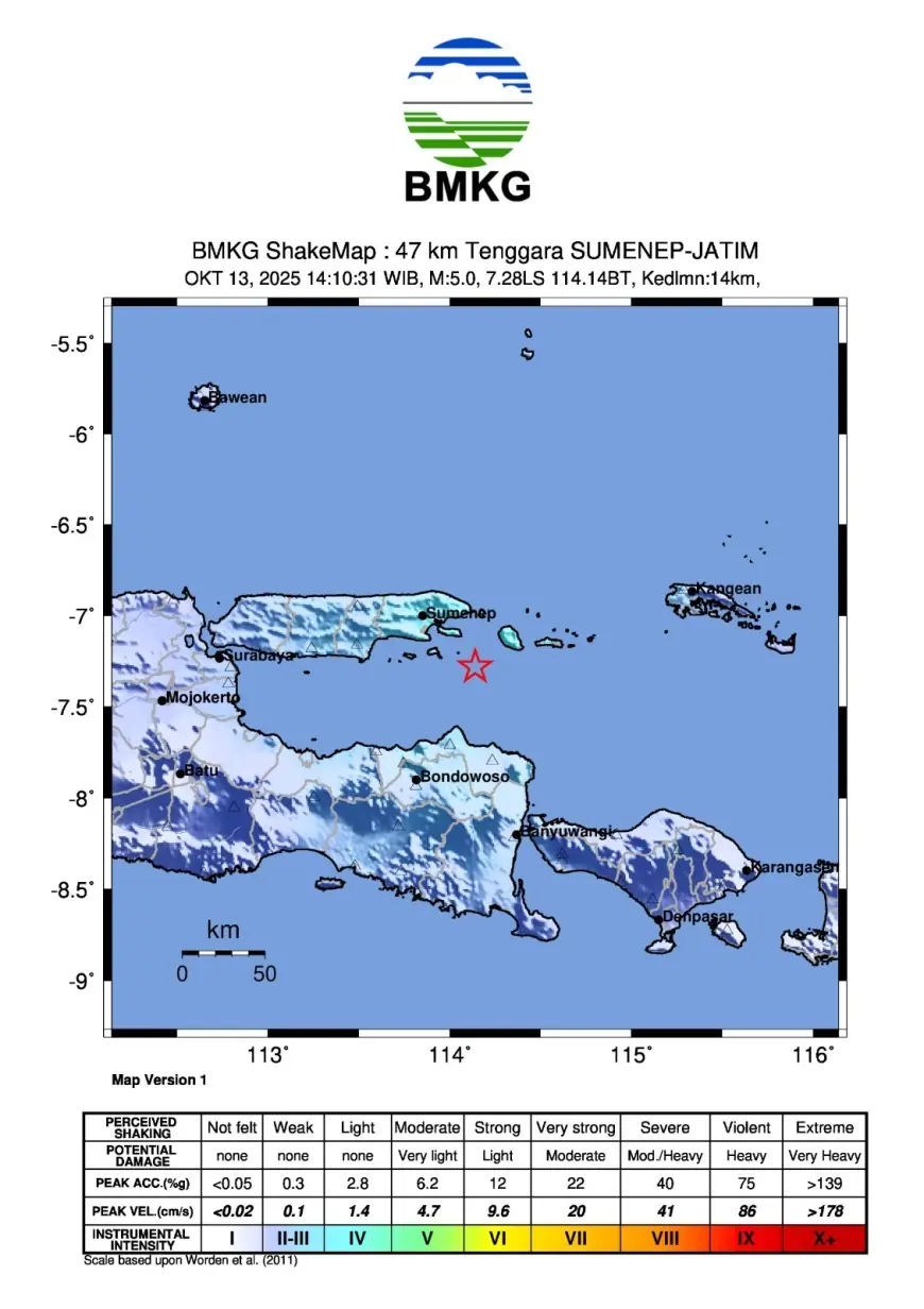 Gempabumi Tektonik M5,0 Guncang Sumenep dan Pulau Sapudi, Tak Berpotensi Tsunami