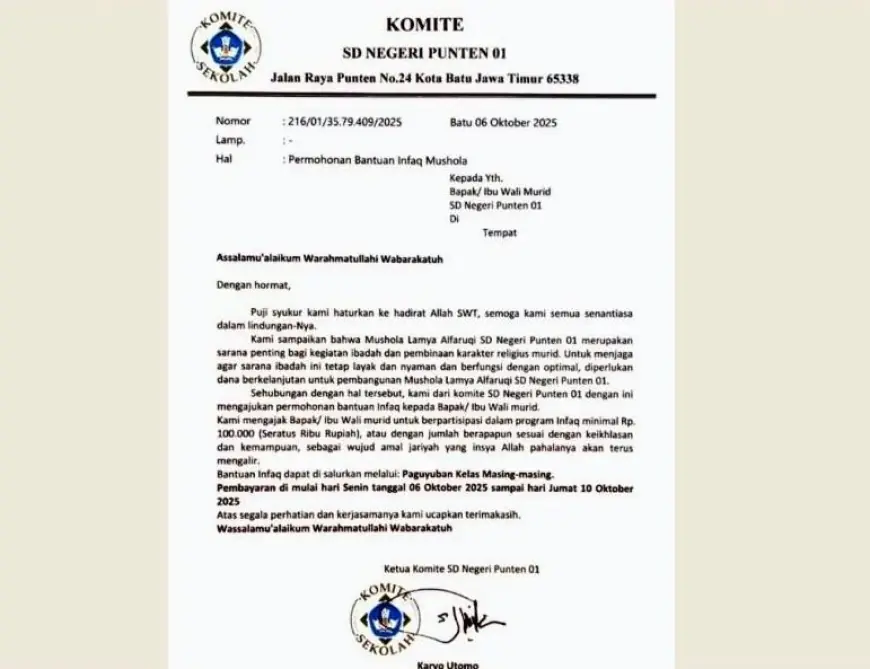 Wali Murid SDN Punten 1 Kota Batu Keberatan atas Tarikan Infaq Pembangunan Musala