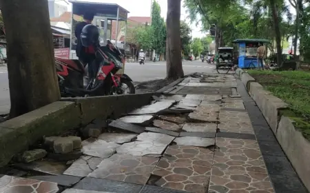 Trotoar Rusak di Jombang, Pejalan Kaki Terjepit Antara Infrastruktur Rapuh dan Invasi PKL
