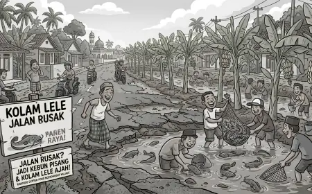 Lubang Jalan Jadi Kolam, Warga Nganjuk Panen Lele di Tengah Aspal